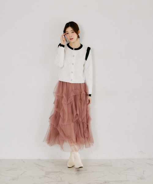 tocco closet（トッコ　クローゼット）の「肩リボン付き透かしアーガイルニットカーディガン（カーディガン/ボレロ・レディース・ブラック/オフホワイト・M）」の4枚目の写真