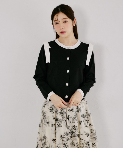 tocco closet（トッコ　クローゼット）の「肩リボン付き透かしアーガイルニットカーディガン（カーディガン/ボレロ・レディース・ブラック/オフホワイト・M）」の13枚目の写真
