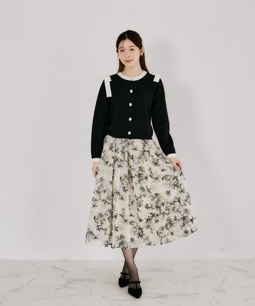 tocco closet（トッコ　クローゼット）の「肩リボン付き透かしアーガイルニットカーディガン（カーディガン/ボレロ・レディース・ブラック/オフホワイト・M）」の10枚目の写真