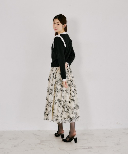 tocco closet（トッコ　クローゼット）の「肩リボン付き透かしアーガイルニットカーディガン（カーディガン/ボレロ・レディース・ブラック/オフホワイト・M）」の11枚目の写真