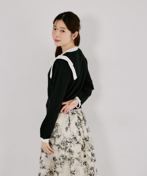 tocco closet（トッコ　クローゼット）の「肩リボン付き透かしアーガイルニットカーディガン（カーディガン/ボレロ・レディース・ブラック/オフホワイト・M）」の17枚目の写真