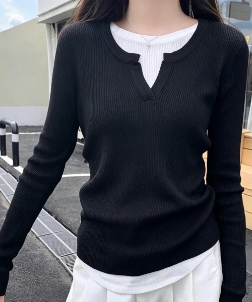 Beststore(ベストストア)の「フェイクレイヤード 重ね着風 リブカットソー Tシャツ 長袖(Tシャツ/カットソー・レディース・ブラック/グレー・FREE)」の2枚目の写真
