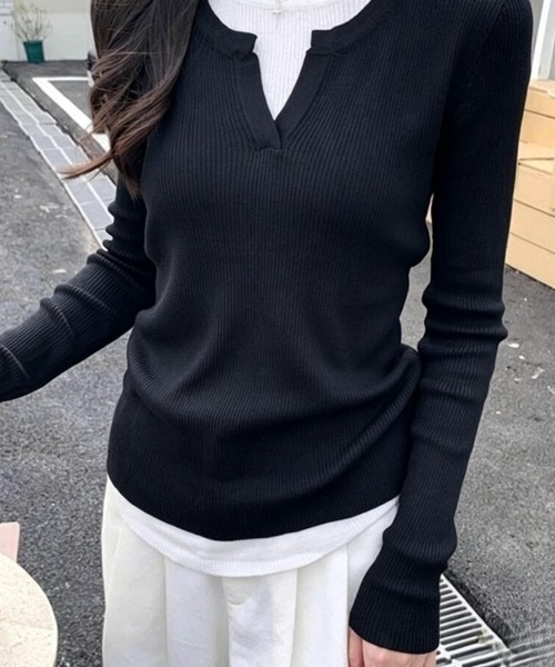 Beststore(ベストストア)の「フェイクレイヤード 重ね着風 リブカットソー Tシャツ 長袖(Tシャツ/カットソー・レディース・ブラック/グレー・FREE)」の7枚目の写真
