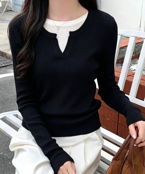 Beststore(ベストストア)の「フェイクレイヤード 重ね着風 リブカットソー Tシャツ 長袖(Tシャツ/カットソー・レディース・ブラック/グレー・FREE)」の8枚目の写真