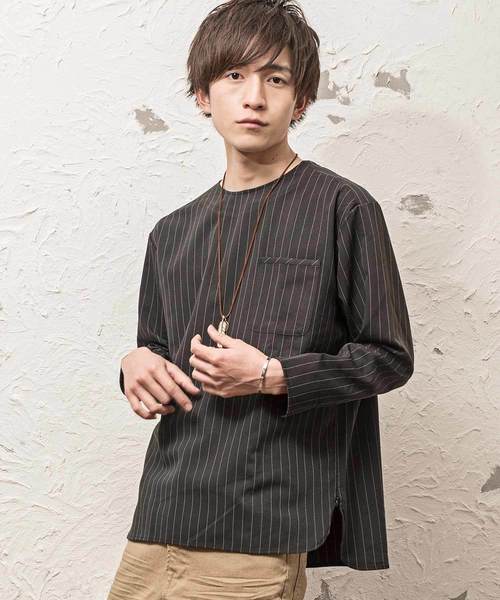 MinoriTY(マイノリティ)の「ルーズシルエット9分袖プルオーバーシャツ 半端袖(シャツ/ブラウス・メンズ・ブラック/ストライプ/ネイビー/グレー・L/M)」の4枚目の写真