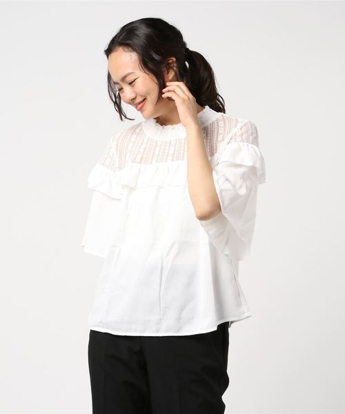 Culture Medium(カルチャーミディアム)の「ジョーゼットレイヤード風オフショル5分袖プルオーバー(Tシャツ/カットソー・レディース・ベージュ/ブラック/オフホワイト/サックスブルー・FREE)」の10枚目の写真
