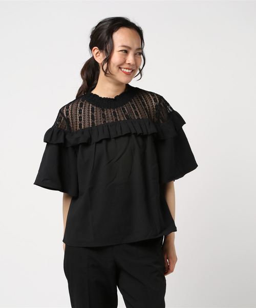 Culture Medium(カルチャーミディアム)の「ジョーゼットレイヤード風オフショル5分袖プルオーバー(Tシャツ/カットソー・レディース・ベージュ/ブラック/オフホワイト/サックスブルー・FREE)」の9枚目の写真