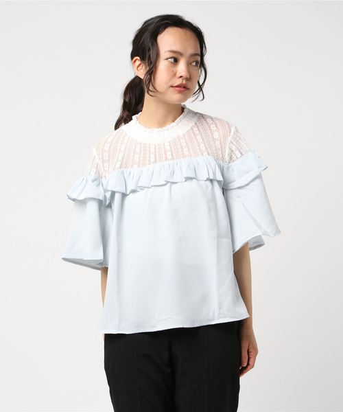 Culture Medium(カルチャーミディアム)の「ジョーゼットレイヤード風オフショル5分袖プルオーバー(Tシャツ/カットソー・レディース・ベージュ/ブラック/オフホワイト/サックスブルー・FREE)」の7枚目の写真