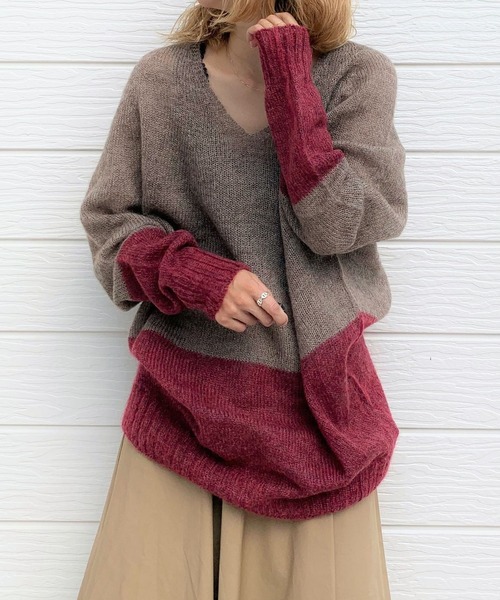 Q（キュー）の「ホールガーメント モヘヤバイカラーニット（ニット/セーター・レディース・ダークブラウン/ネイビー・MEDIUM）」の2枚目の写真