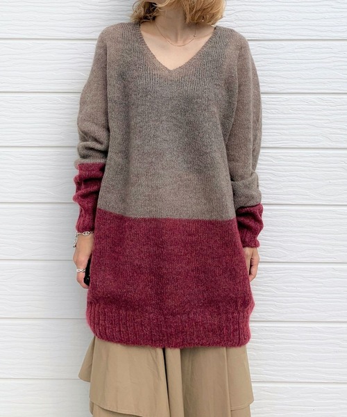 Q（キュー）の「ホールガーメント モヘヤバイカラーニット（ニット/セーター・レディース・ダークブラウン/ネイビー・MEDIUM）」の7枚目の写真