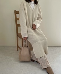 メッシュ編みロングスリーブワンピース
