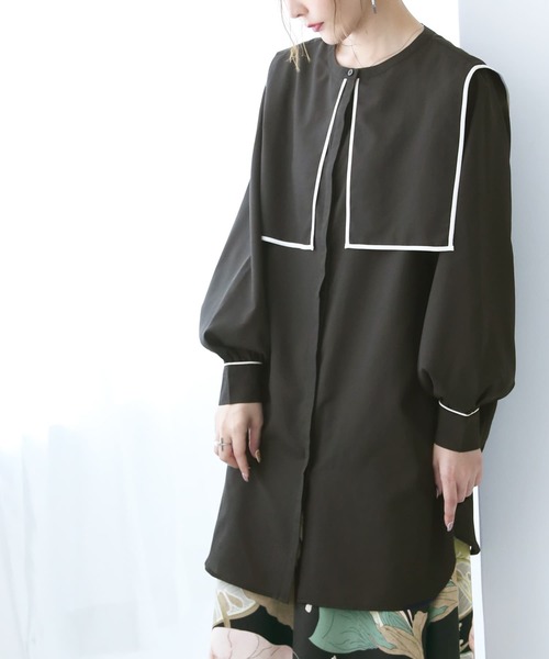 osharewalker（オシャレウォーカー）の「【廃盤】『セーラーチュニックブラウス』（シャツ/ブラウス・レディース・ブラック/オフホワイト/キャメル・FREE）」の2枚目の写真