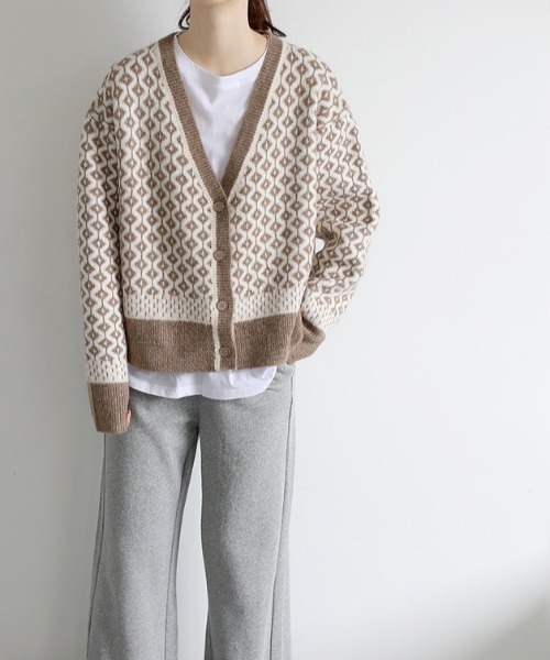 ABITOKYO（アビトーキョー）の「Vネック幾何柄ジャガードカーディガン（カーディガン/ボレロ・レディース・ブラック/ベージュ・FREE）」の16枚目の写真