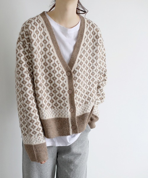 ABITOKYO（アビトーキョー）の「Vネック幾何柄ジャガードカーディガン（カーディガン/ボレロ・レディース・ブラック/ベージュ・FREE）」の14枚目の写真