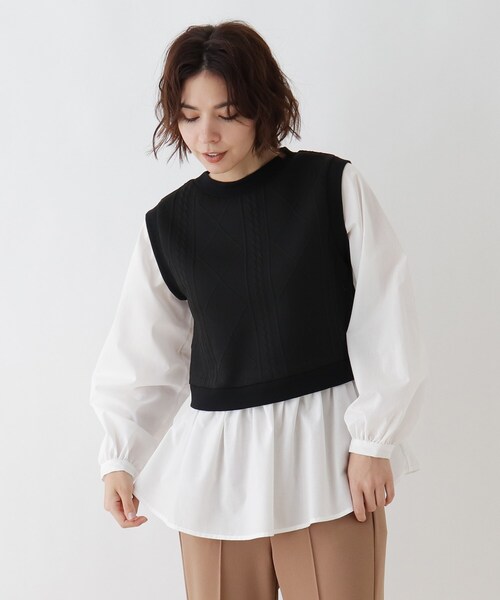 Cutie Blonde(キューティーブロンド)の「◆【S-L】カットジャカードベストドッキングシャツ(Tシャツ/カットソー・レディース・ブラック/ブラック系/ブラック系1・01/02/03)」の1枚目の写真