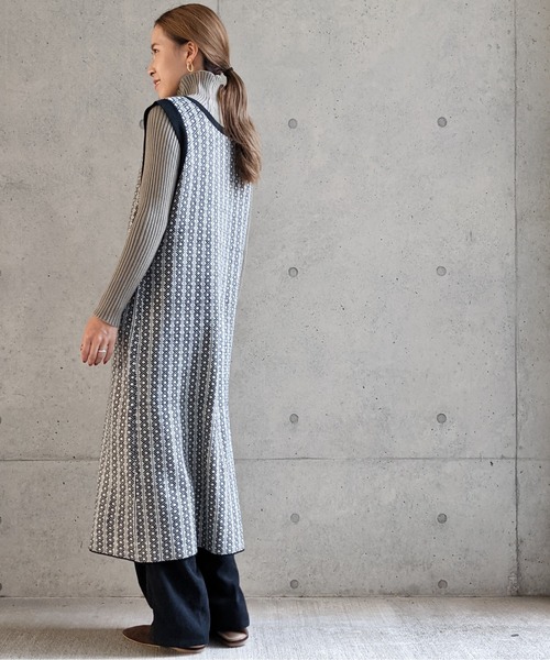 Per sist ence（パーシエンス）の「Per sist ence/パーシエンス　ダブルジャカード ロングニットベスト（ベスト・レディース・ブラック/ベージュ・FREE）」の7枚目の写真