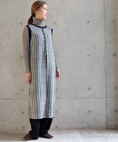 Per sist ence（パーシエンス）の「Per sist ence/パーシエンス　ダブルジャカード ロングニットベスト（ベスト・レディース・ブラック/ベージュ・FREE）」の10枚目の写真