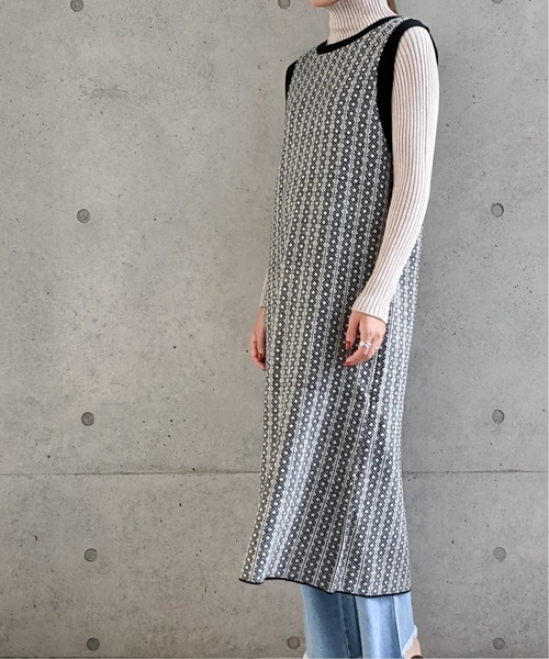 Per sist ence（パーシエンス）の「Per sist ence/パーシエンス　ダブルジャカード ロングニットベスト（ベスト・レディース・ブラック/ベージュ・FREE）」の12枚目の写真