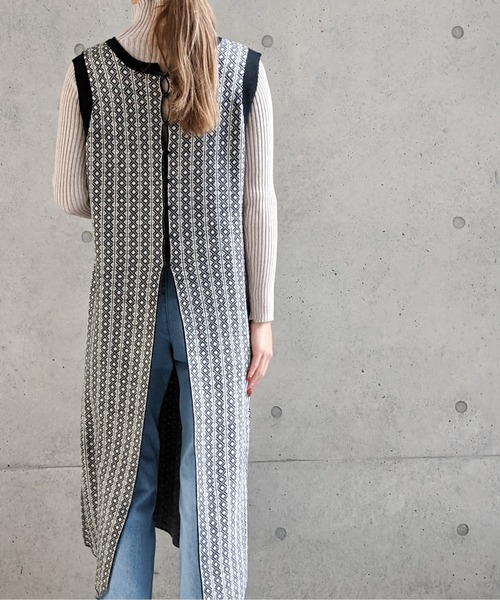 Per sist ence（パーシエンス）の「Per sist ence/パーシエンス　ダブルジャカード ロングニットベスト（ベスト・レディース・ブラック/ベージュ・FREE）」の14枚目の写真