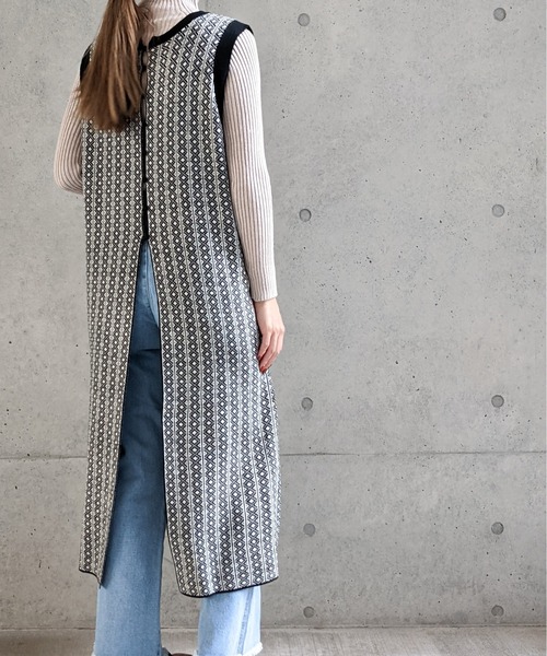 Per sist ence（パーシエンス）の「Per sist ence/パーシエンス　ダブルジャカード ロングニットベスト（ベスト・レディース・ブラック/ベージュ・FREE）」の15枚目の写真