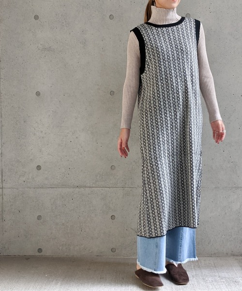 Per sist ence（パーシエンス）の「Per sist ence/パーシエンス　ダブルジャカード ロングニットベスト（ベスト・レディース・ブラック/ベージュ・FREE）」の17枚目の写真