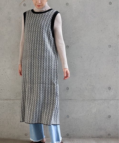 Per sist ence（パーシエンス）の「Per sist ence/パーシエンス　ダブルジャカード ロングニットベスト（ベスト・レディース・ブラック/ベージュ・FREE）」の18枚目の写真