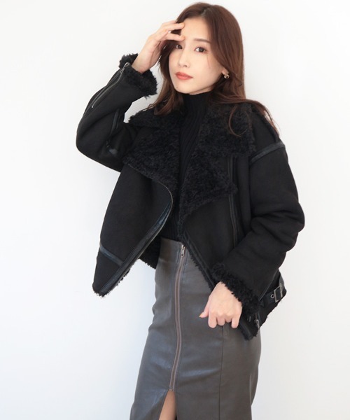 AMBIENT(アンビエント)の「エコムートンライダースジャケット(ライダースジャケット・レディース・ベージュ/アイボリー/ブラック・FREE)」の3枚目の写真