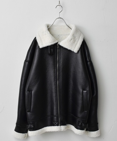 Starting Over（スターティングオーバー）の「PUフェイクレザー ボンディングフェイクムートン B3 ボアブルゾン（ムートンコート・メンズ・ブラック×ホワイト/ブラック×ブラック/グレー×ホワイト・L/M/XL）」の6枚目の写真