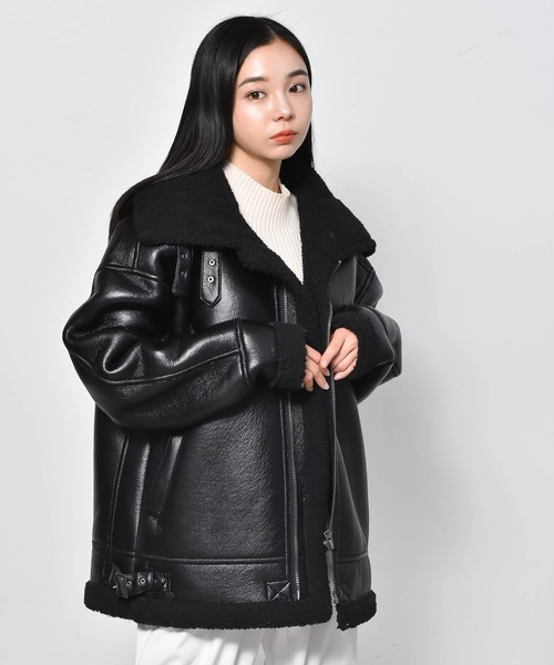 Starting Over（スターティングオーバー）の「PUフェイクレザー ボンディングフェイクムートン B3 ボアブルゾン（ムートンコート・メンズ・ブラック×ホワイト/ブラック×ブラック/グレー×ホワイト・L/M/XL）」の16枚目の写真