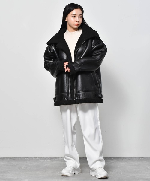 Starting Over（スターティングオーバー）の「PUフェイクレザー ボンディングフェイクムートン B3 ボアブルゾン（ムートンコート・メンズ・ブラック×ホワイト/ブラック×ブラック/グレー×ホワイト・L/M/XL）」の18枚目の写真