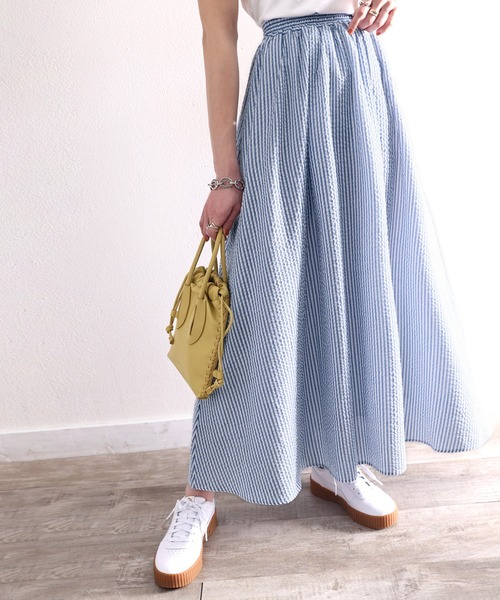 classicalelf（クラシカルエルフ）の「ときめくチェック柄＆ストライプ柄。サッカー素材ボリュームスカート（スカート・レディース・ブラック/ベージュ/サックスブルー/グリーン・SMALL/MEDIUM/LARGE/X-LARGE）」の14枚目の写真