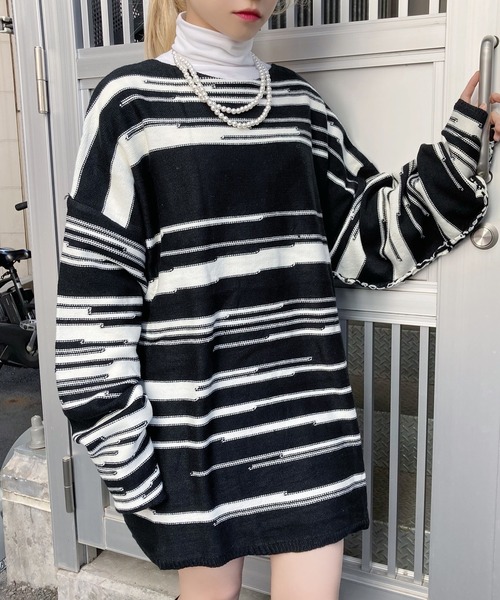 Figments（フィグメンツ）の「オーバージャガードニット（ニット/セーター・レディース・オフホワイト/ブラック・FREE）」の2枚目の写真