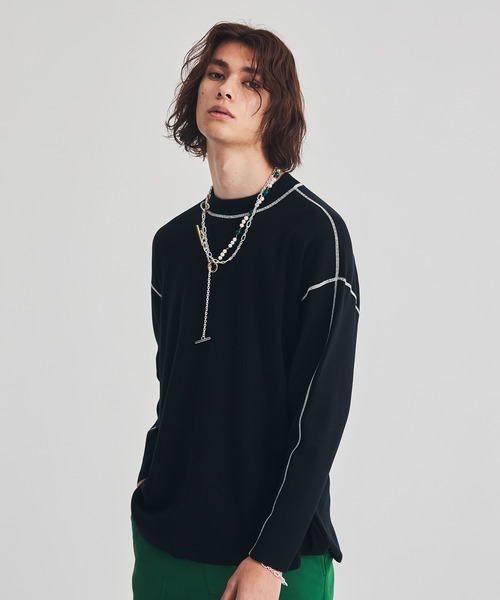 LiNoH(リノー)の「COTTON EMBROIDER CREW NECK KNIT/エンブロイダリーコットンニット(ニット/セーター・メンズ・ライトグレー/ブラック/ライトグリーン/オレンジ・1/2)」の2枚目の写真