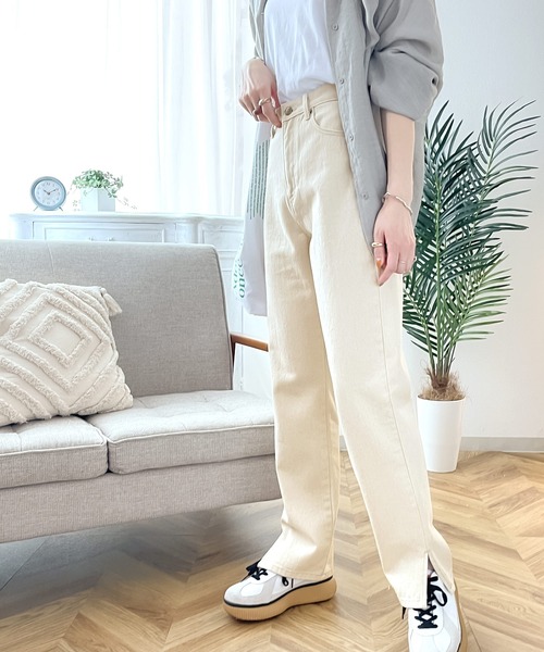 《ms+ideal》大人の銘品デニム。サイドスリットハイウエストデニムパンツ