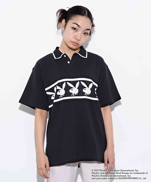 X-girl(エックスガール)の「Playboy × X-girl BIG POLO SHIRT(シャツ/ブラウス・レディース・ホワイト/ブラック・M/S)」の1枚目の写真