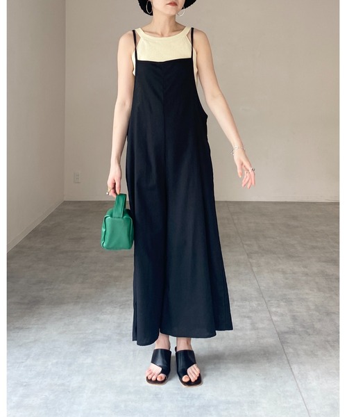 セール】リネンコットンバックリボンオールインワンワイドパンツ