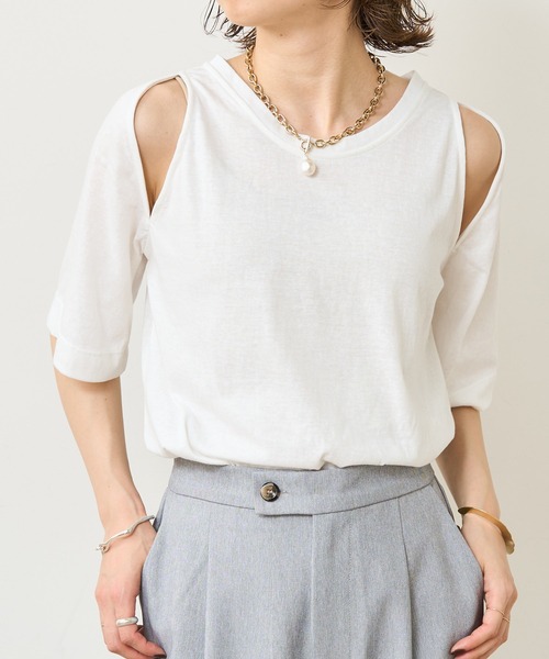 Omekashi（オメカシ）の「デザインアームTシャツ（Tシャツ/カットソー・レディース・オフホワイト/キャメル/ブラック・FREE）」の5枚目の写真