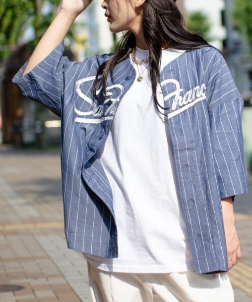 SUGGESTION（サジェッション）の「SUGGESTION ワイドシルエット 半袖ベースボールシャツ（スタジャン・メンズ・グリーン/ネイビー/ホワイト系1/ブラック系1/ブラック/ネイビー系1・M/L）」の6枚目の写真