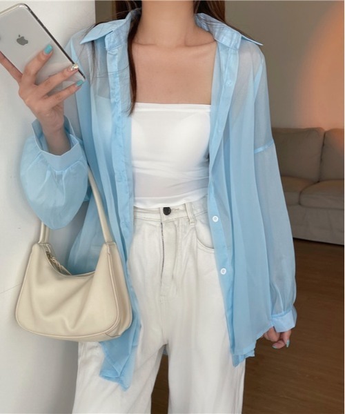 SONA（ソナ）の「SONYUNARA バルーンパフ袖シアーシャツ（シャツ/ブラウス・レディース・ホワイト/ブラック/ベージュ/パープル/グレー/ピンク/オレンジ/グリーン/ライトパープル/ローズ/アクア・FREE）」の7枚目の写真