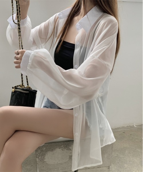 SONA（ソナ）の「SONYUNARA バルーンパフ袖シアーシャツ（シャツ/ブラウス・レディース・ホワイト/ブラック/ベージュ/パープル/グレー/ピンク/オレンジ/グリーン/ライトパープル/ローズ/アクア・FREE）」の12枚目の写真