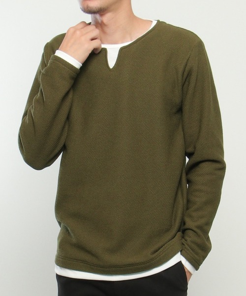 ikka(イッカ)の「ワッフルキーネックレイヤード(Tシャツ/カットソー・メンズ・ブラック/オリーブ/ベージュ/ブルー/グレー/ピンク・L/XL/M/S)」の4枚目の写真