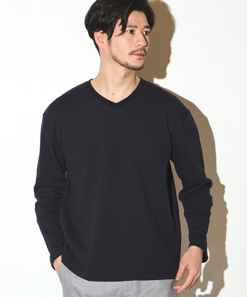 UNION STATION（ユニオンステーション）の「リンクスジャガードVネックロンT（Tシャツ/カットソー・メンズ・ベージュ/ネイビー/ホワイト・L/M/LL）」の3枚目の写真