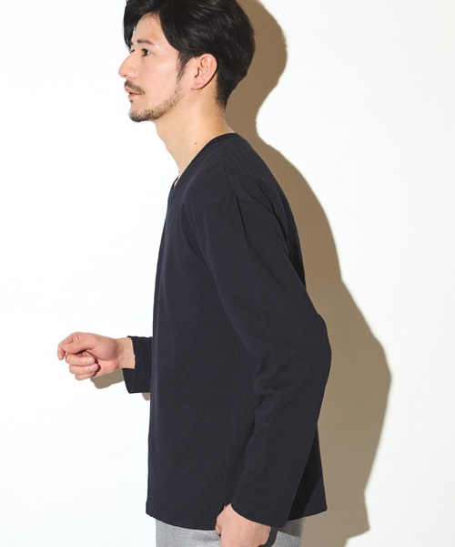 UNION STATION（ユニオンステーション）の「リンクスジャガードVネックロンT（Tシャツ/カットソー・メンズ・ベージュ/ネイビー/ホワイト・L/M/LL）」の14枚目の写真