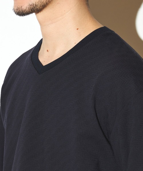 UNION STATION（ユニオンステーション）の「リンクスジャガードVネックロンT（Tシャツ/カットソー・メンズ・ベージュ/ネイビー/ホワイト・L/M/LL）」の16枚目の写真