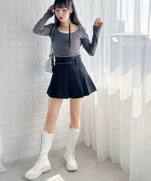 Loueme（ルエム）の「ベルト付きラメツイードプリーツミニスカパン（スカート・レディース・ホワイト/ピンク/ブラック・M/S/L）」の20枚目の写真