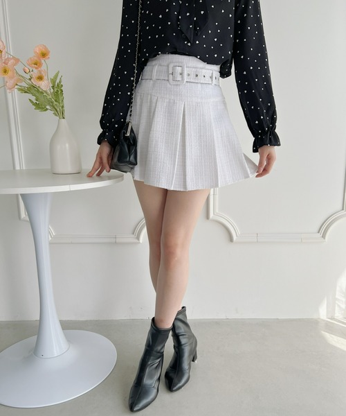 【新品タグ付】PEARLY GATES♡プリーツミニスカート インナーパンツ付 Loueme（ルエム）の「ベルト付きラメツイードプリーツミニスカパン