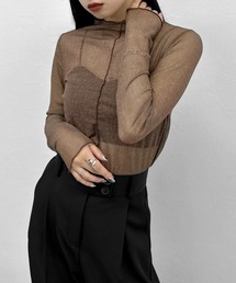 【LVEU.】センターシームシースルートップス / トップス カットソー シアー シースルー メッシュ ハイネック モックネック ボートネック 長袖 レイヤード インナー ブラック カーキ ブルー