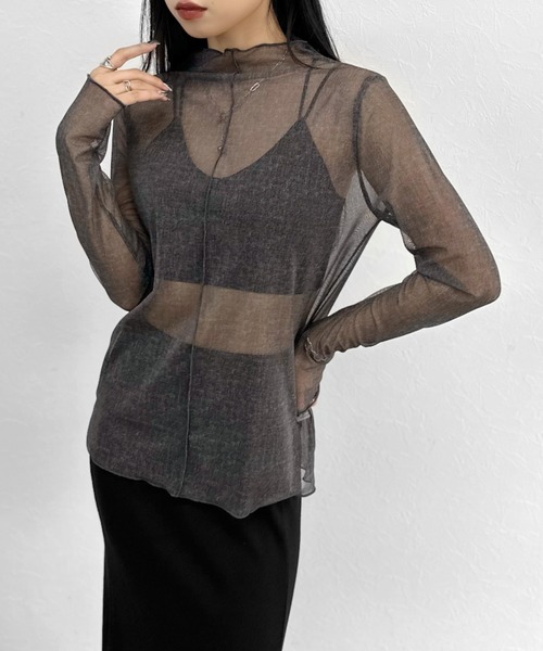 LVEU.(ラブユ.)の「【LVEU.】センターシームシースルートップス / トップス カットソー シアー シースルー メッシュ ハイネック モックネック ボートネック 長袖 レイヤード インナー ブラック カーキ ブルー(Tシャツ/カットソー・レディース・ブラック/ブルー/ライトカーキ・FREE)」の10枚目の写真