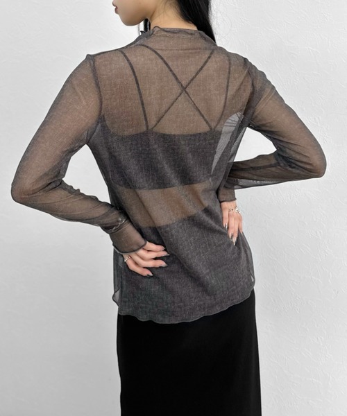 LVEU.(ラブユ.)の「【LVEU.】センターシームシースルートップス / トップス カットソー シアー シースルー メッシュ ハイネック モックネック ボートネック 長袖 レイヤード インナー ブラック カーキ ブルー(Tシャツ/カットソー・レディース・ブラック/ブルー/ライトカーキ・FREE)」の11枚目の写真
