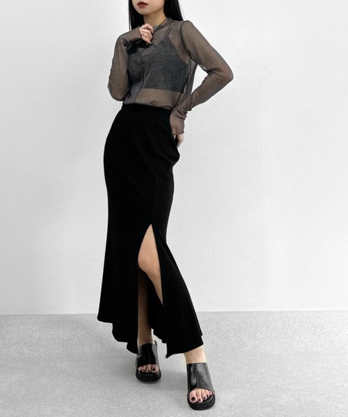 LVEU.(ラブユ.)の「【LVEU.】センターシームシースルートップス / トップス カットソー シアー シースルー メッシュ ハイネック モックネック ボートネック 長袖 レイヤード インナー ブラック カーキ ブルー(Tシャツ/カットソー・レディース・ブラック/ブルー/ライトカーキ・FREE)」の12枚目の写真